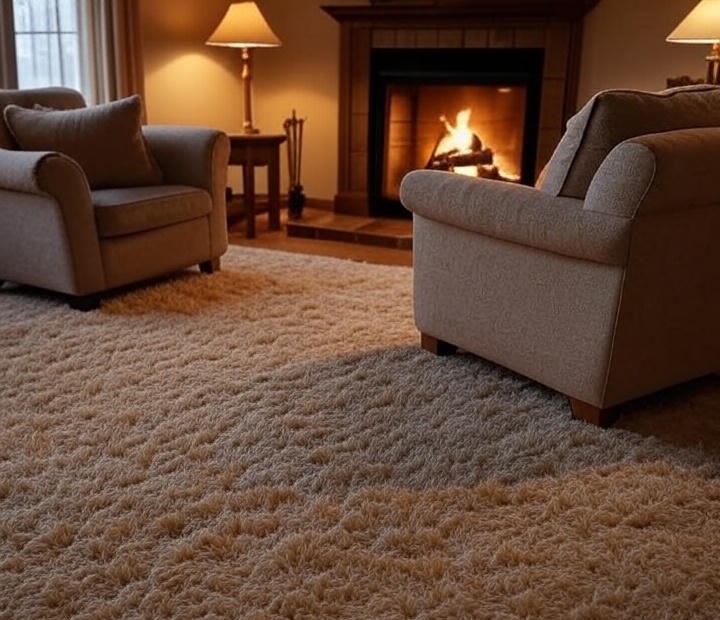 A cozy living room with plush carpet.
