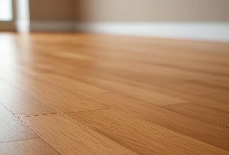 Close-up of newly installed hardwood flooring.