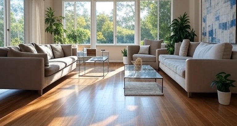A beautiful modern living room with hardwood flooring.