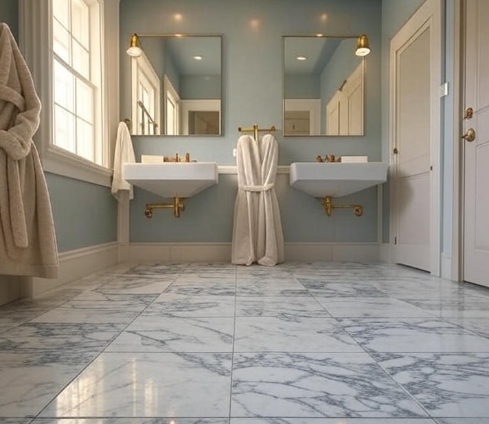 A bathroom with elegant tile flooring.