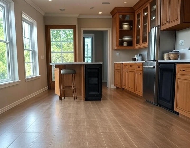 A modern kitchen with durable vinyl flooring.